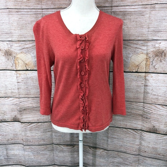 Boden Pink/Coral Ruffled Button Front Cardigan Blouse Size 12 - Picture 1 of 13